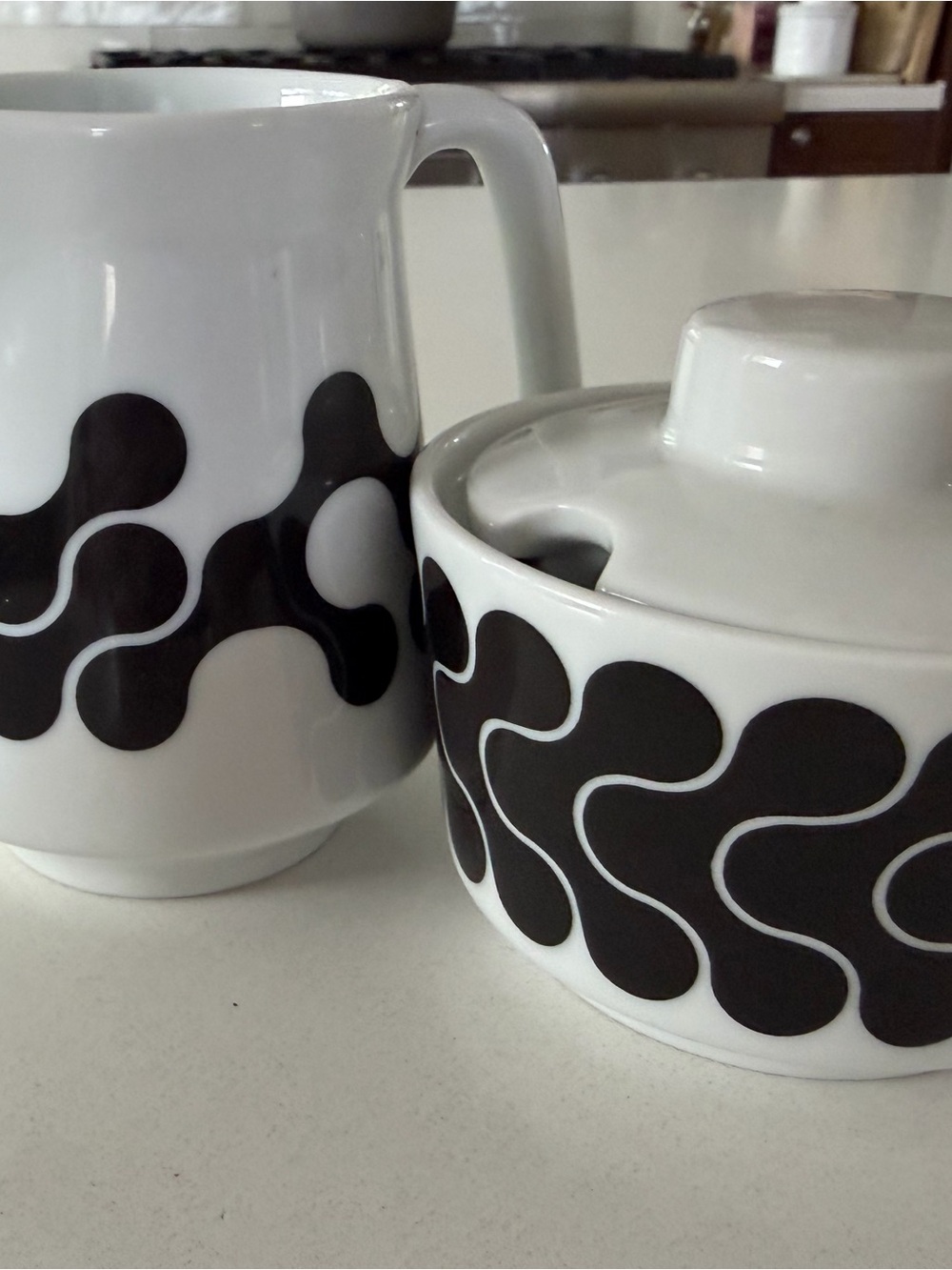 Not Neutral White Ceramic Sugar Bowl and Creamer Set with Black Design